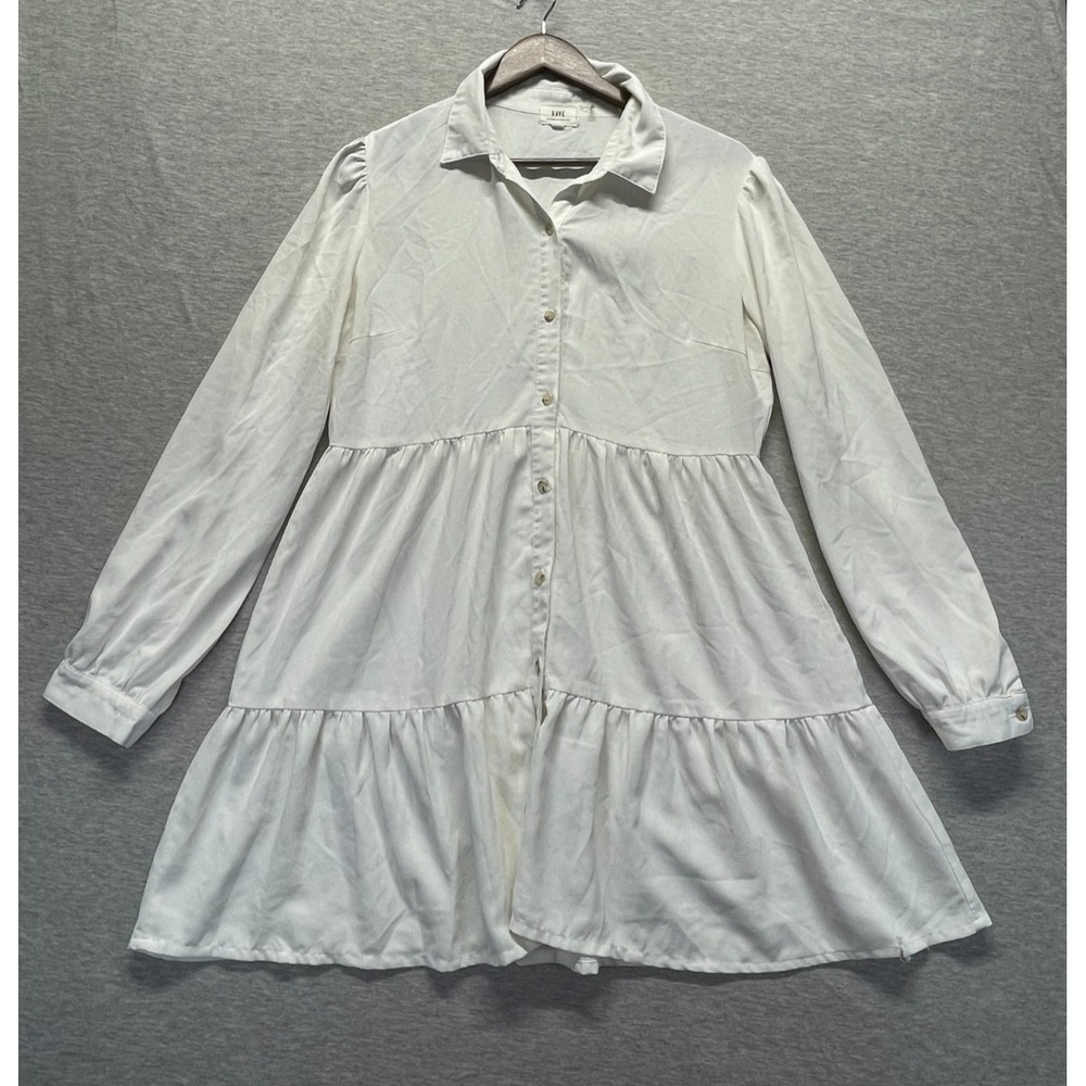 Have Shirt Dress Womens Large White Cuffe Sleeve Ruffle Hem Detail Button Front